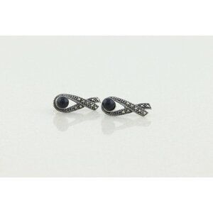 Sterling Silver Marcasite Ribbon Earrings with Black Bead Stud Post